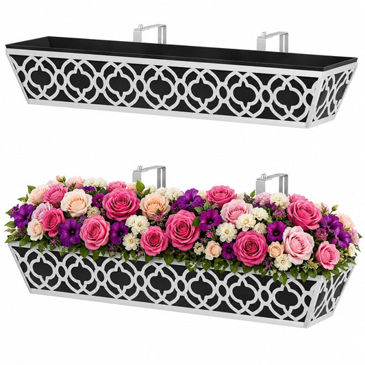 Y&M 2Pack 30'' Metal Railing Planter Box with Black Non-Woven Fabric Liner, Flower Boxes with Adjustable Brackets, Large Hanging Window Boxes for Fence, Deck, Balcony, and Garden - Gray 2p