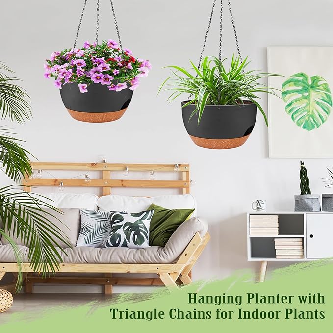 Lucieblessdesign Hanging Planters for Outdoor Indoor Plants, 2 Pack 12 Inch Hanging Basket Plants Outdoor, Self Watering Hanging Planter with Plant Hanger for Garden Home Decoration (Black)
