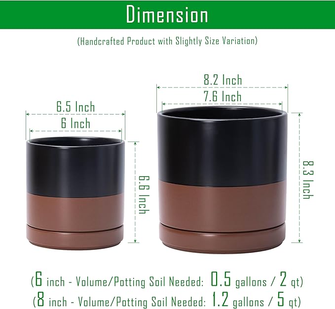 D'vine Dev 6.5 Inch & 8.2 Inch Ceramic Planter Pots for Plants with Drainage Hole and Saucer, Medium Plant Pots Set, Black/Speckled Tan, 94-G-M-7