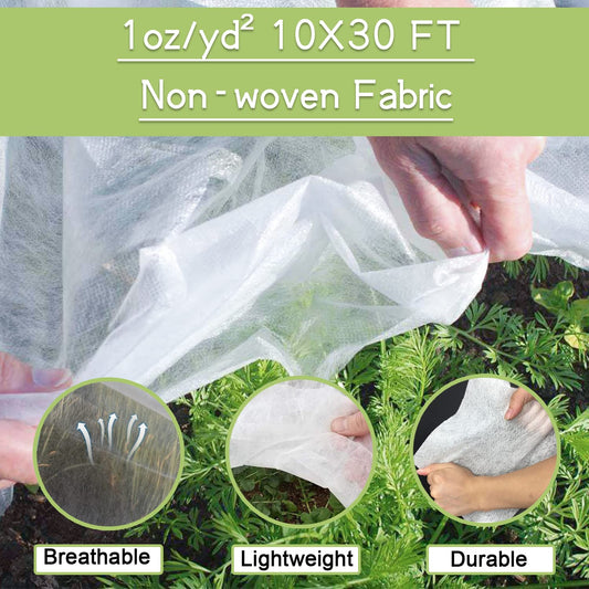 Plant Covers Freeze Protection Kit, 10 x 30Ft Frost Cloth and 6Pcs Fiberglass Garden Hoops 1oz/yd² Floating Row Cover with Greenhouse Hoops Frost Blanket for Winter Garden Covers for Raised Beds
