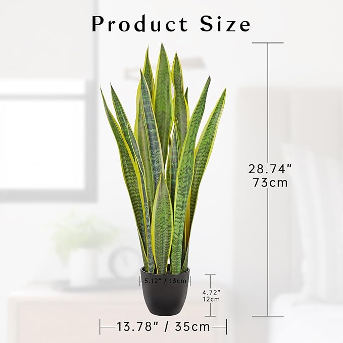 Hollyone Artificial Snake Plant Potted, 28 Inch Faux Sansevieria Trifasciata Plants Large Tall Tropical Fake Snake Plants Tree in Black Pots for Home Office Room Patio Garden Indoor Outdoor Decor