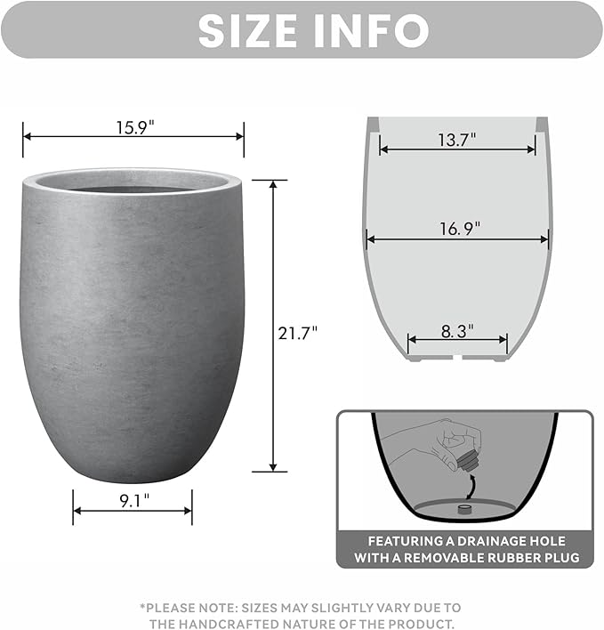 Kante Tall Concrete Planter, 21.7-Inch Height Gray Large Indoor Outdoor Plant Pot with Drainage Hole for Patio Garden Home, Modern Decor for Flowers and Tree