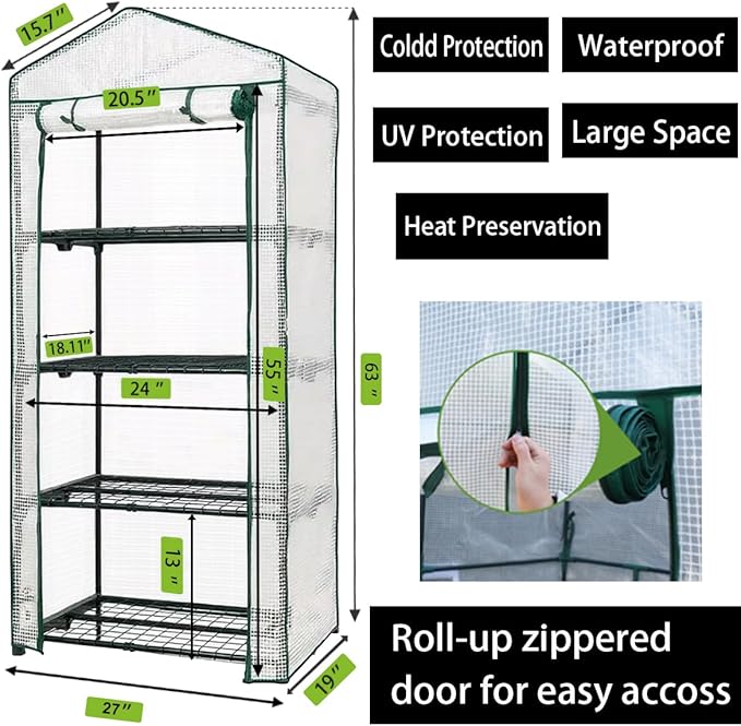 4-Tier Mini Greenhouse, Green House for Flower Indoor Outdoor, Portable Plant Outdoor Cage with Heavy Duty PVC Clear Cover & Steel Frame,Greenhouse for Seed Starting, Mushroom,Vegetables