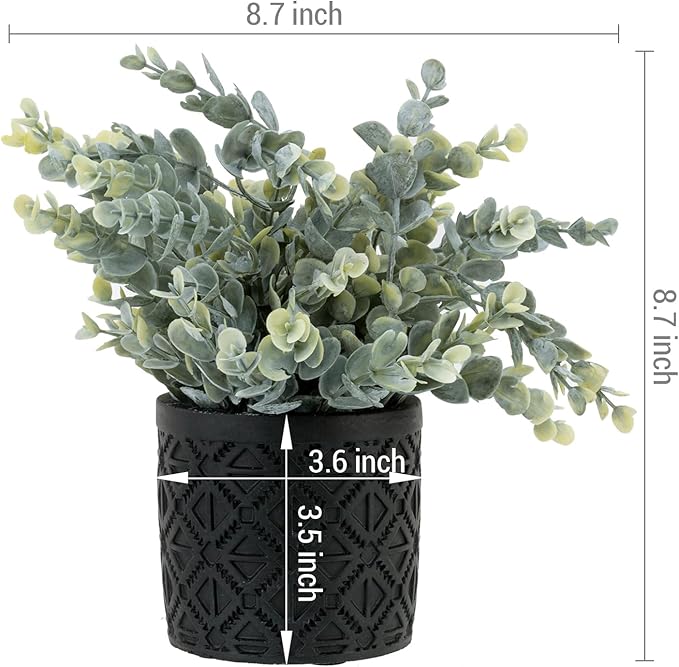MyGift Artificial Eucalyptus Plant in Modern Gray Concrete Pots with Geometric Embossed Pattern (2, Black)