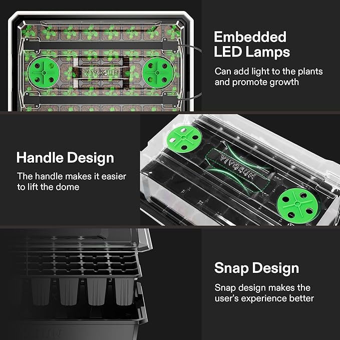 VIVOSUN 1-Pack 40-Cell Seed Starter Trays with 1 Set of LED Lights and 10"x20.75" Seedling Heat Mat, 3.6" Higher Cover, Adjustable Vents, Drainage Holes, Green Propagation Tray for Planting Seeds