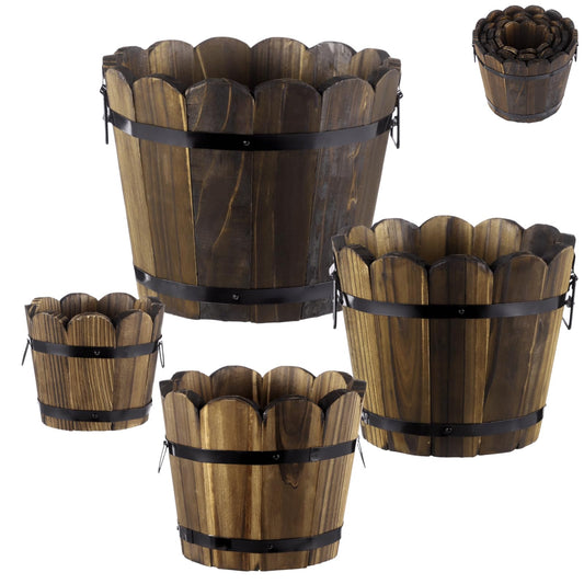 Skdqiee 4 PCS Wooden Whiskey Barrel Planters, Wavy Edge Rustic Bucket Flower Pots with Metal Handles, Round Garden Accessory for Succulents Flowers Veggies, Outdoor Indoor Home Porch Yard Container