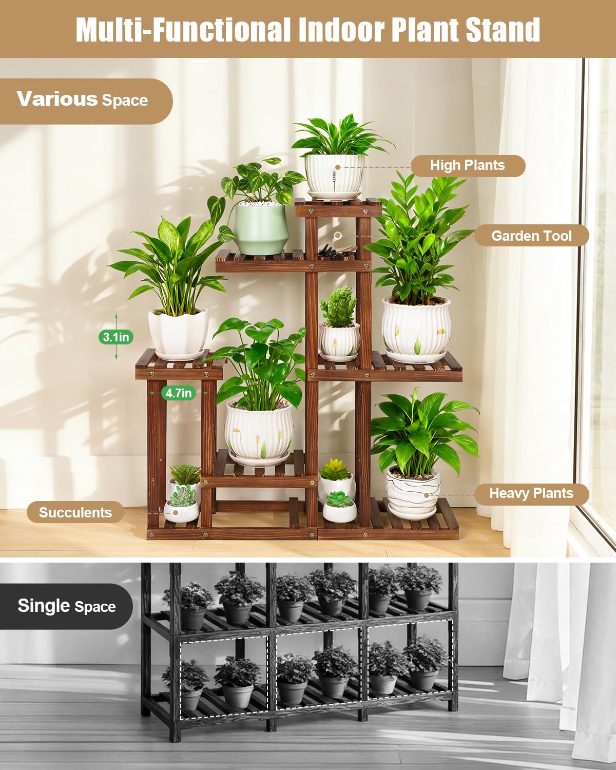 OcBuct 6-Tier Wood Plant Stand Indoor Outdoor Multi Tier Plant Shelf Narrow