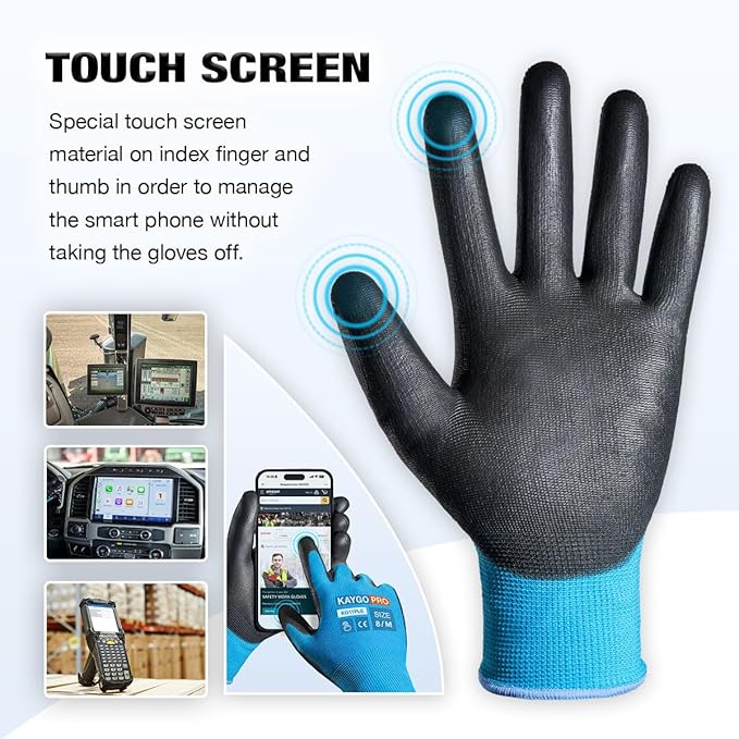 KAYGO Safety Work Gloves PU Coated for Men and Women- KG11PB,12 Pairs,Seamless Knit Glove with Two Fingers Touchscreen,Ideal for General Duty Work (Blue,XL)