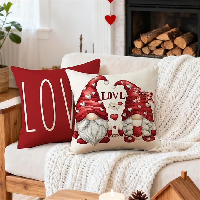 NIGHTWISH Valentine's Day Pillow Covers 18x18 Set of 4 Love Heart Truck Gnomes Valentines Day Decorations XOXO Wedding Throw Cushion Case for Sofa Couch
