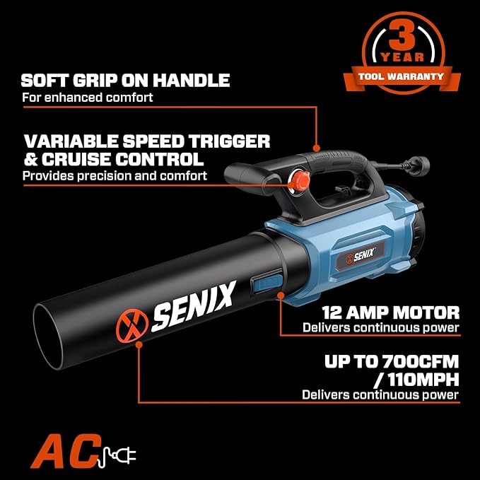 SENIX 12 AMP Handheld Electric Leaf Blower, Up to 700 CFM and 110 MPH, Variable Speed, Lightweight, 120v (BLAE12-M)