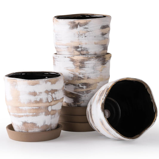 Pkeo Bbun Modern Irregular Ceramic Planter Set of 4, 4 Inch Small Unique Reactive Glaze Flower Pots with Drainage Holes & Saucers - Indoor Outdoor Decorative Succulent Orchid Pots- Light Brown