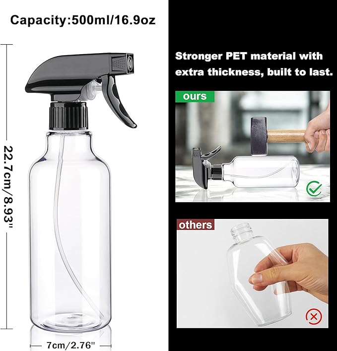 Spray Bottles Plastic Spray Bottle for Hair Mist/Stream Heavy Duty Empty Spray Bottles for Cleaning Solutions, Plants, Cooking (16.9oz-BlackClear)