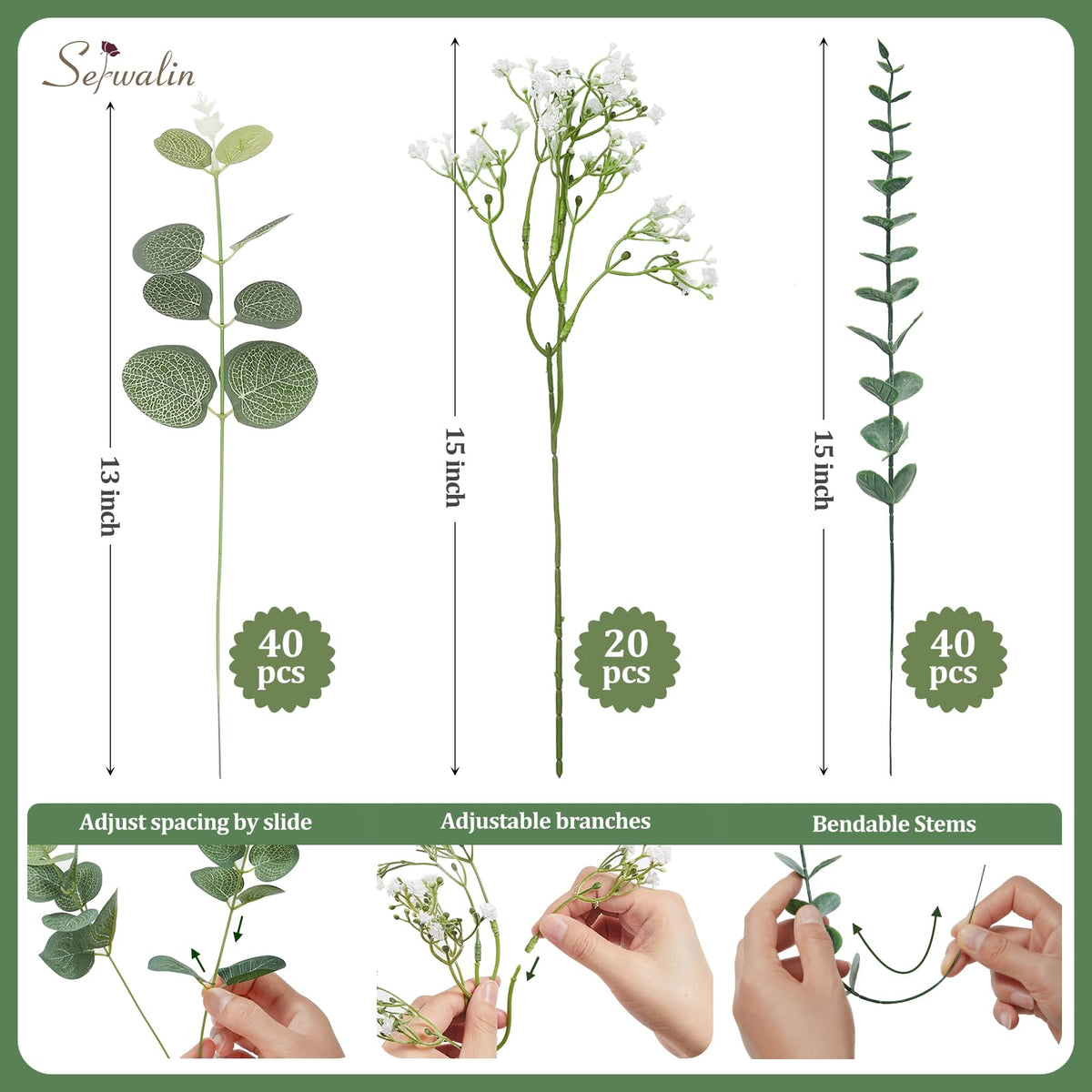 Serwalin 100PCS Mixed Eucalyptus Stems with Baby's Breath Greenery