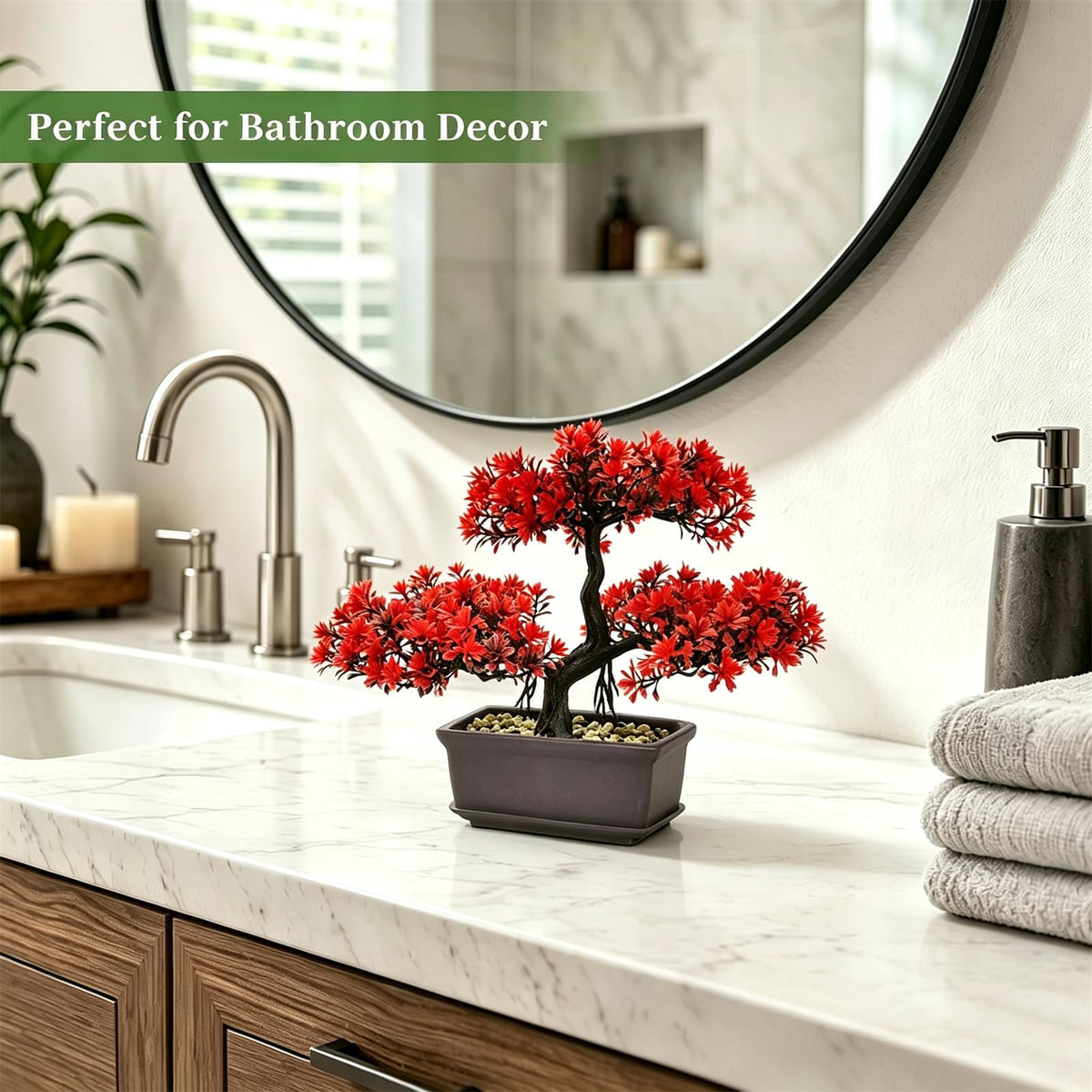 Meluvora 8.66" Artificial Bonsai Tree with Textured Trunk, Broad Canopy and Pebble Base for Bathroom Desk Shelf, Japanese and Zen Decor(Red)
