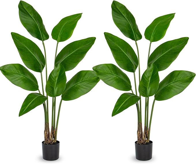 Hollyone 2pcs Large Bird of Paradise Artificial Plant in Pot 4FT Tall Fake Bird of Paradise Plant Faux Tropical Palm Tree Faux Plantain Banana Leaf for Indoor Outdoor Home Office Garden Decor 8 Leaves