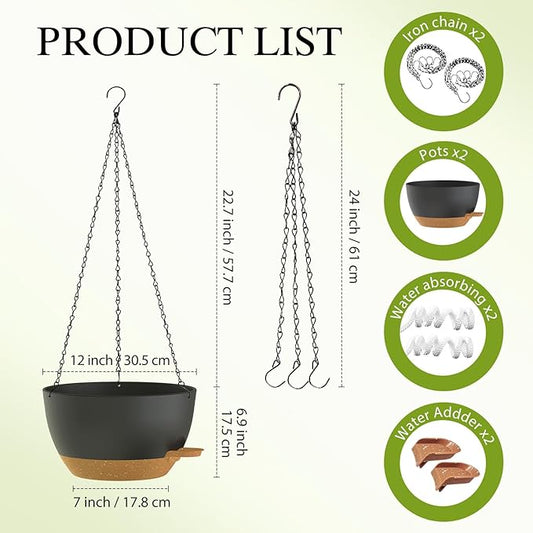 SQKH 12 Inch Hanging Baskets 2 PC with Chains, Self-Watering Hanging Planters for Indoor Outdoor Plants, Plastic Hanging Flower Pots,Black Brown
