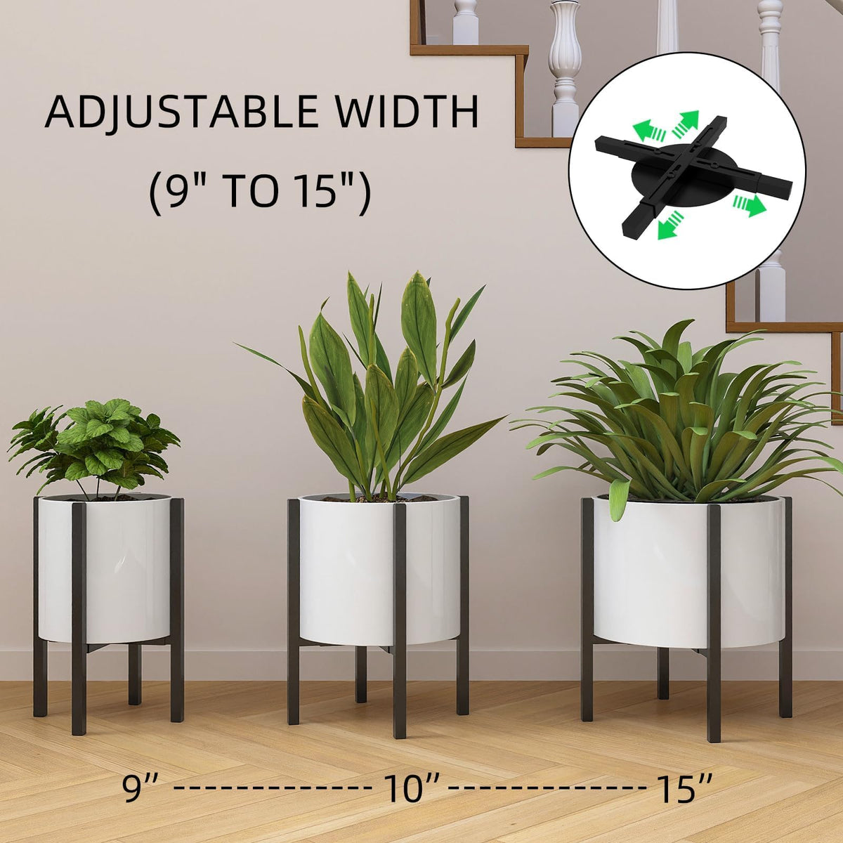 Rioneta Adjustable Metal Plant Stand Indoor, Fits 9-15 Inch Pots, Mid Century Modern Planter Holder,2 Heights, Heavy Duty 160 lb, Indoor Outdoor Corner Floor Pot Stand, Black with Round Plate 2 Pack (black-a 2 pack)