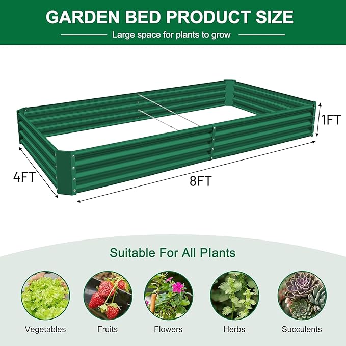 Land Guard 2 Pack 8×4×1ft Galvanized Metal Raised Garden Bed, Metal Planter Kit Box Outdoor for Deep-Rooted Vegetables, Flowers, Green and Herbs (Green)