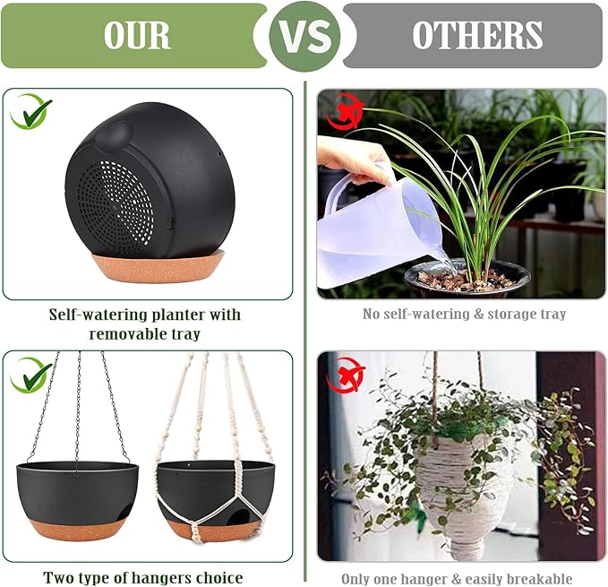 Lucieblessdesign Hanging Planters for Outdoor Indoor Plants, 2 Pack 12 Inch Hanging Basket Plants Outdoor, Self Watering Hanging Planter with Plant Hanger for Garden Home Decoration (Black)
