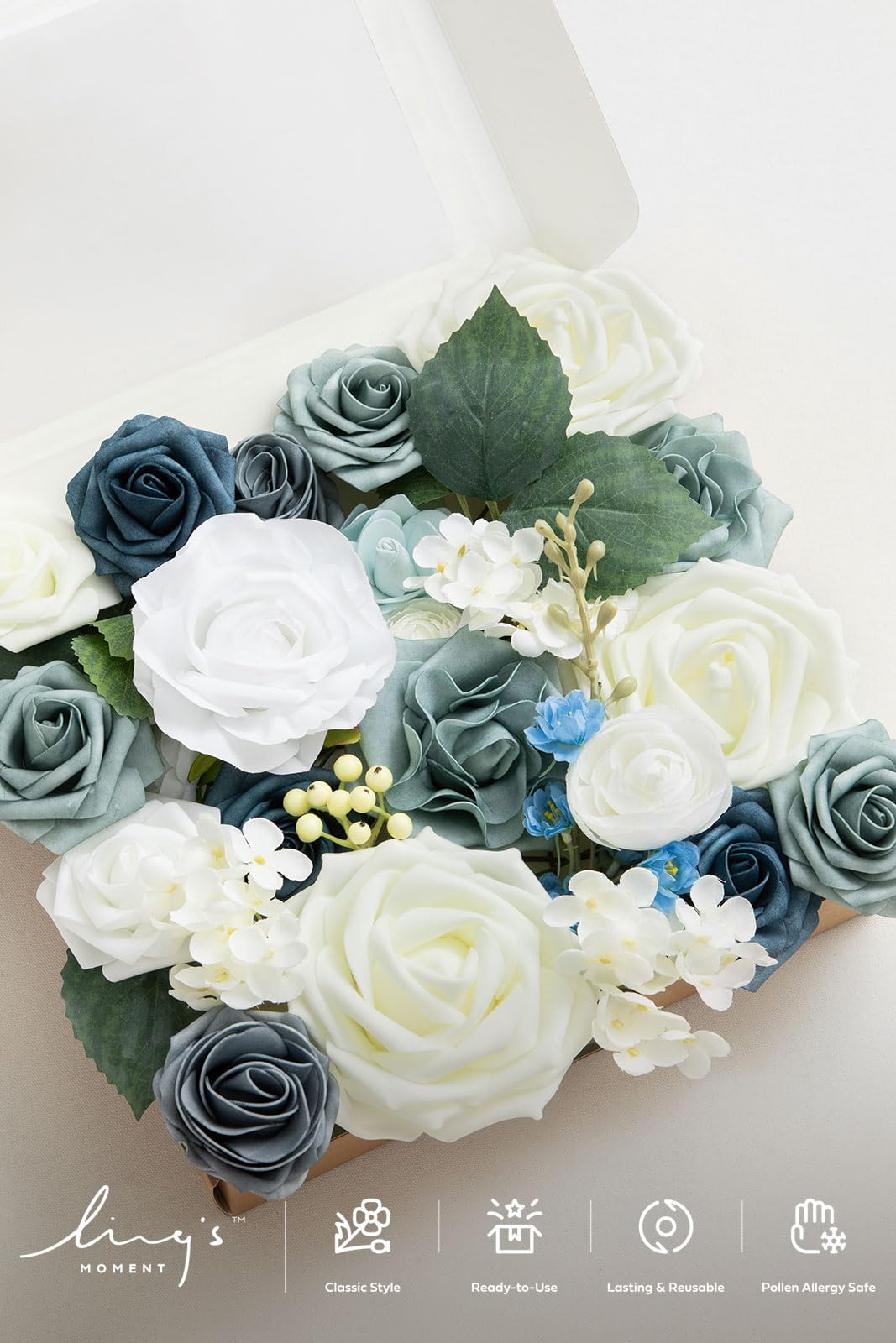 Ling's moment Fake Flowers Box, Dusty Blue & Ivory Grand Combo