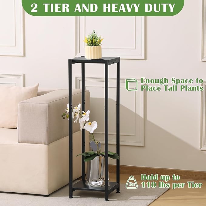 Dipion Extra Tall Plant Stand Indoor,40 Inch Plant Stands,2 Tier Metal Plant Stand with Heavy Duty Wood,Black