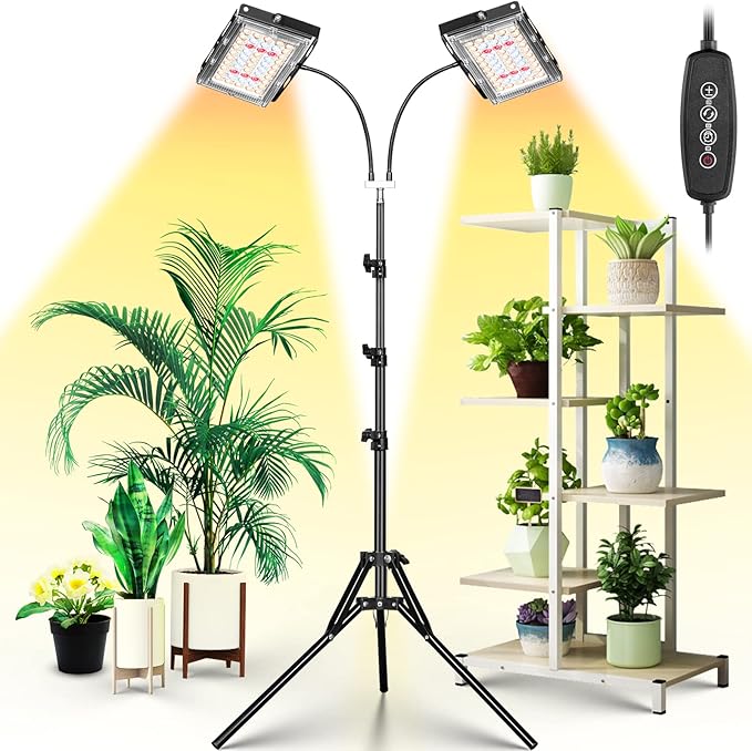 LBW Grow Light for Indoor Plants, Dual Heads Full Spectrum LED, Auto On/Off Timer, 6 Dimmable Levels, 3 Switch Modes, Adjustable Tripod Stand 15-63 inches