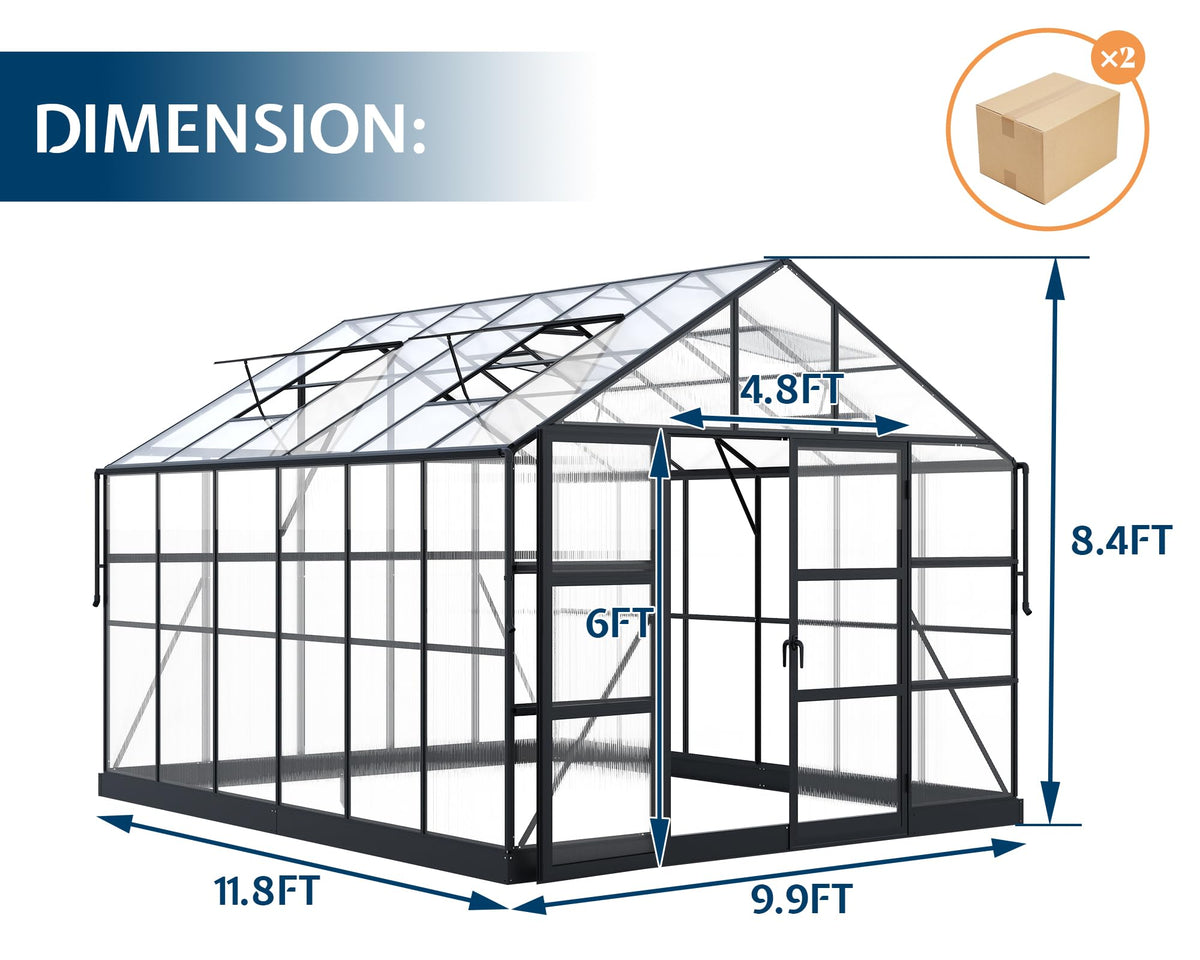 HOWE 10x12x8.4 FT Polycarbonate Greenhouse with 4 Vent Windows