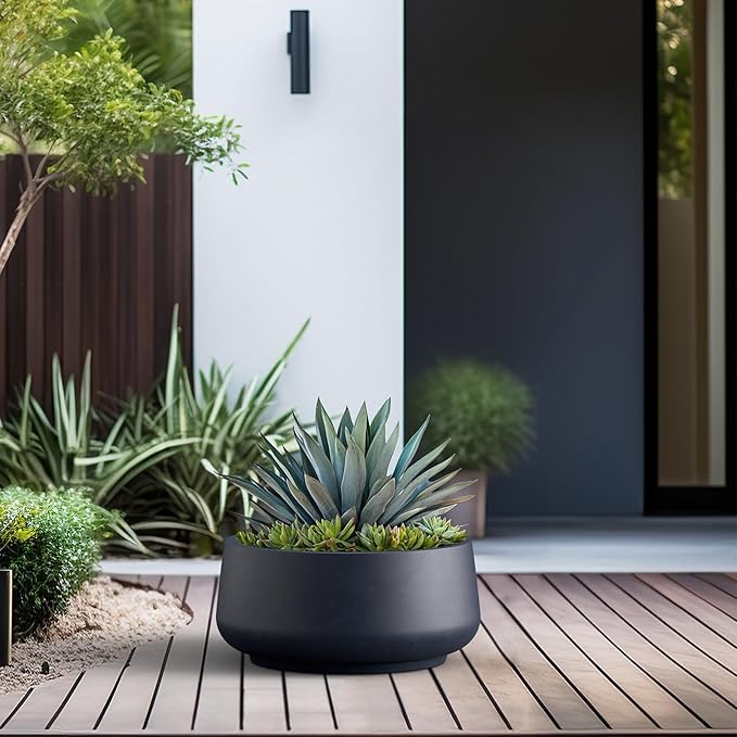Kante 16.1" Dia Round Curvy Concrete Planter, Large Plant Pots with Drainage Hole and Rubber Plug for Indoor Outdoor Plants, Flower Pot for Home Garden Patio Porch, Charcoal