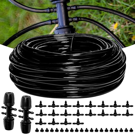 100FT 1/4 Inch Drip Irrigation kit Tubing Distribution Hose Tube for Garden Drip Irrigation System (Includes 2 Pack 6-Way Connector and 20pcs 1/4" Tee Splitters and End Plugs)