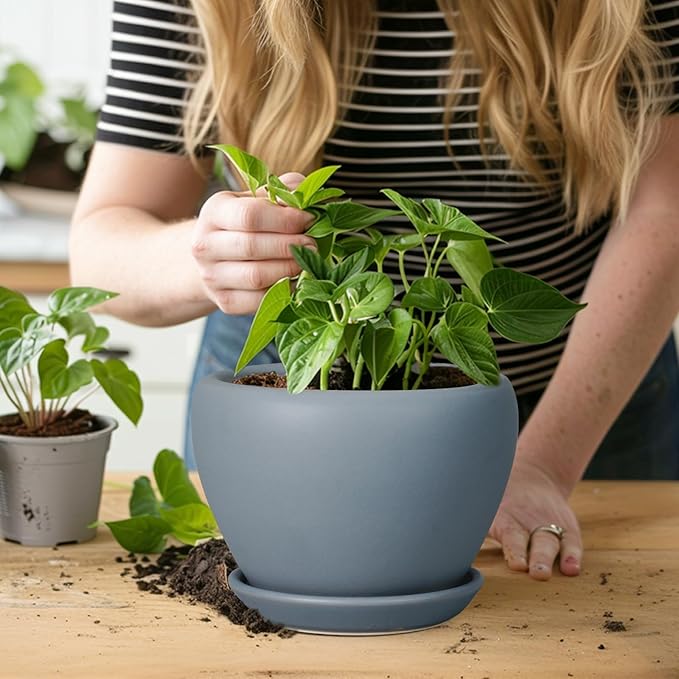 Ceramic Pot for Plants - 6 Inch Plant Pot Indoor with Drainage Hole and Saucer Decorative Planter for Outdoor Plants Modern Succulent Pots Round Flower Pots Gray