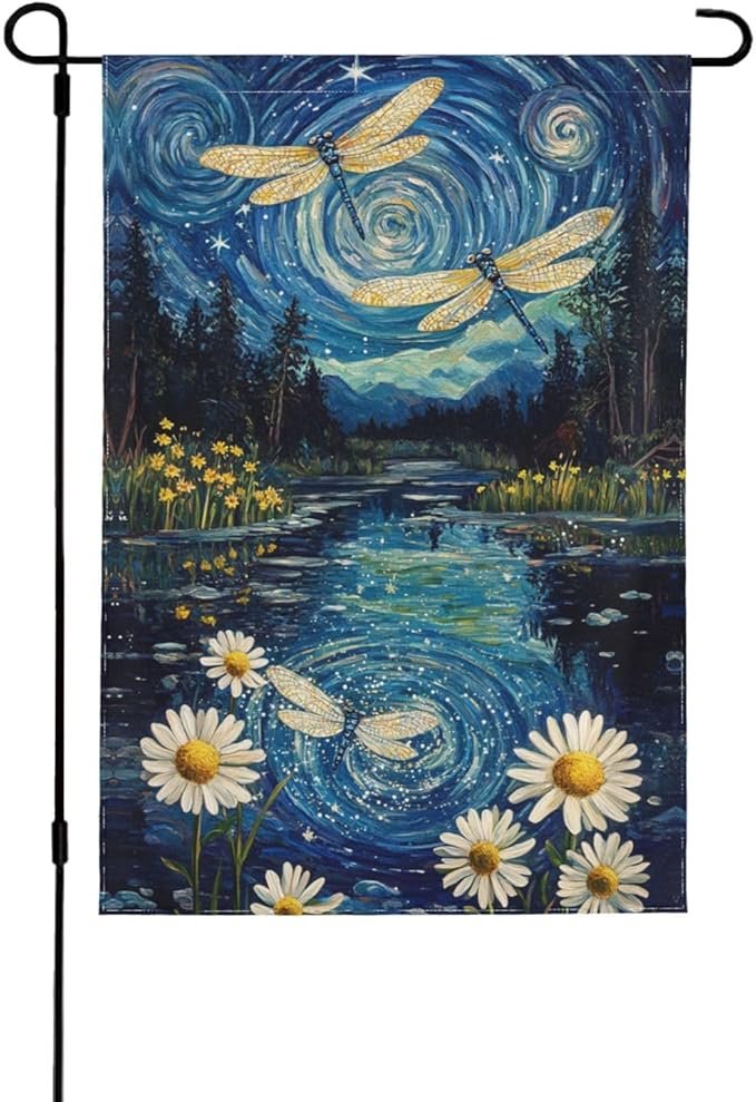 Night Dragonflies Garden Flag 12x18 Inch Double Sided All-Weather Polyester Outdoor Flag For Patio Lawn Yard And Garden Welcome Decor