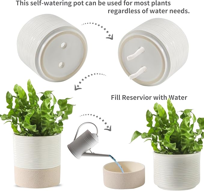 Nihow Self Watering Plant Pot: 4.5 Inch Ceramic Planter with Drainage Hole & Water Storage Plus for Indoor & Outdoor Plants - Cylinder Flower Pot for Herbs/Violets - White & Brown