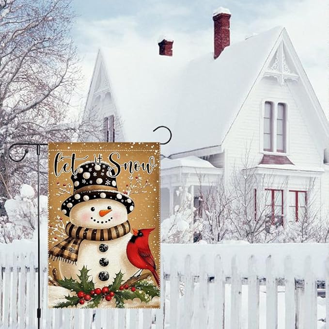Let It Snow Snowman Garden Flag Double Sided 12x18 Inch Burlap Winter Outdoor Yard Decoration with Cardinal Bird and Holly Christmas Holiday Decor