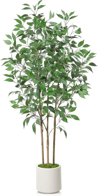SOGUYI Ficus Artificial Tree 5ft Tall Fake Ficus Tree for Home Decor Indoor Faux Silk Ficus Plant Fake Floor Plant in White Imitation Ceramic Planter with Green Fake Moss, Set of 1