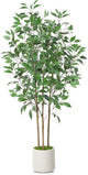 SOGUYI Ficus Artificial Tree 5ft Tall Fake Ficus Tree for Home Decor Indoor Faux Silk Ficus Plant Fake Floor Plant in White Imitation Ceramic Planter with Green Fake Moss, Set of 1