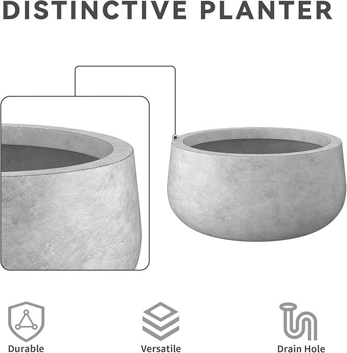 Kante 19.6" Dia Round Concrete Planter, Cement Plant Pots with Drainage Hole and Rubber Plug for Outdoor Indoor Garden Home, Modern Curvaceous Design, Natural Concrete