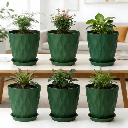 8 Inch Plastic Plant Pots for Plants with Drainage Holes and Saucer, 6 Pack