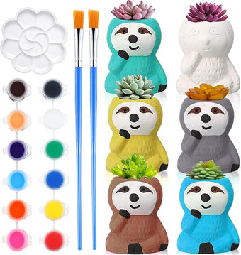 Pasimy 6 Set Ceramics to Paint DIY Ceramic Succulent Planter Pots Paint Your Own Flower Pots Craft Kit Unpainted Bisque Flowerpot with Brush Palette for Family Activity Holiday Gifts(Sloth)