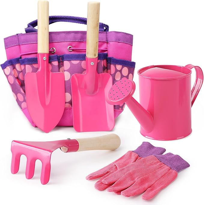 Kids Gardening Tools Set, Toddler Play Kit Child Outdoor Toy with Gloves, Watering Can, Metal Shovel, Rake, Spade & Storage Bag, Backyard Sand Digging Holiday Birthday Gift for Boy Girl 3 4 5 (Pink)