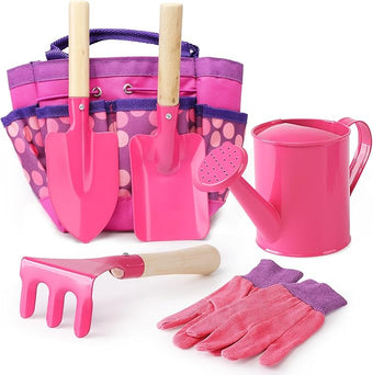 Kids Gardening Tools Set, Toddler Play Kit Child Outdoor Toy with Gloves, Watering Can, Metal Shovel, Rake, Spade & Storage Bag, Backyard Sand Digging Holiday Birthday Gift for Boy Girl 3 4 5 (Pink)