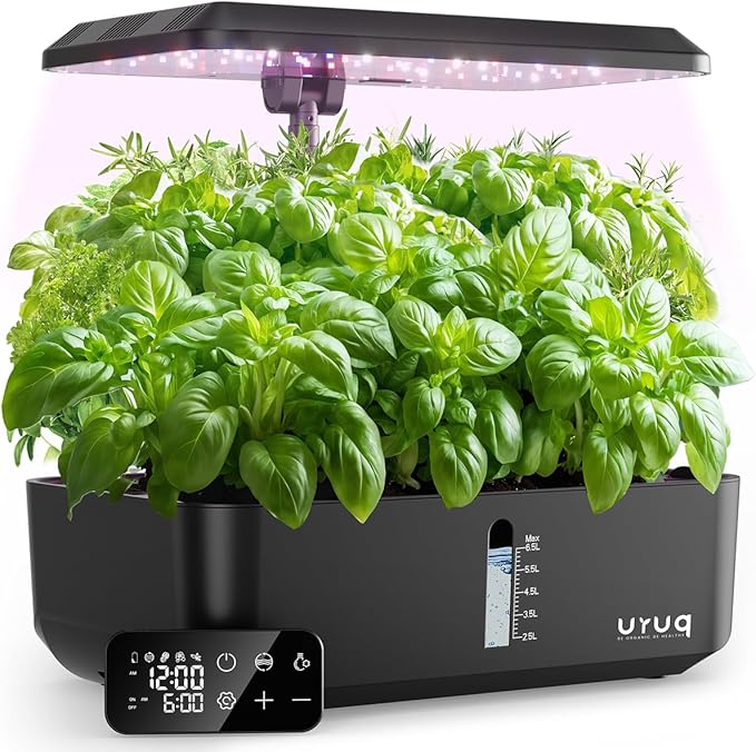 Indoor Hydroponics Growing System Kit 12 Pods Gardening System Herb Garden Custom Time with LED Grow Light Height Adjustable Quiet Plants Germination Kit - Gardening Gifts for Women Men Black