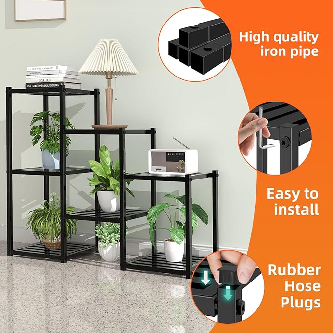 Simple Trending Plant Stand Indoor Outdoor, Heavy Duty Metal Waterproof 7 Tiered Plant Shelf for Multiple Flower Planter Holder Tall Large Rack, Black