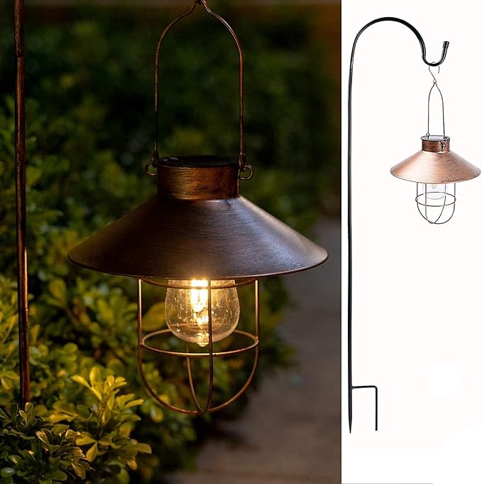 HUYIENO 2Pack Solar Metal Hanging Lantern with Shepherd Hook Outdoor Led Garden Lights Brushed Copper
