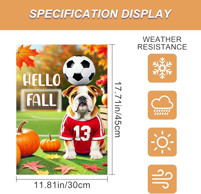 Hello Fall Garden Flag Bulldog Soccer Ball Pumpkins Autumn Leaves Outdoor Decor Flag 12x18 Inch Double Sided Garden Flag For Front Porch Lawn Patio Seasonal Home Decoration For Outside