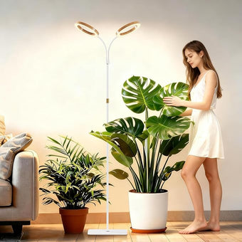 SDOVUERC Full Spectrum Grow Light with Stand for Indoor Plants, Floor Plant Light, 6/12/18H Timer, 3 Color Modes, Adjustable Height 16.5–68in, for Large Plants & Home Décor(2 Heads,Faux Wood Grain)