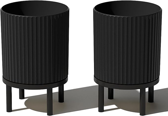 Veradek Demi Series Round Planter w/Stand for Porch/Patio | Durable Plastic-Stone Composite & Wooden Stand | Modern Décor for Tall Plants, Flowers