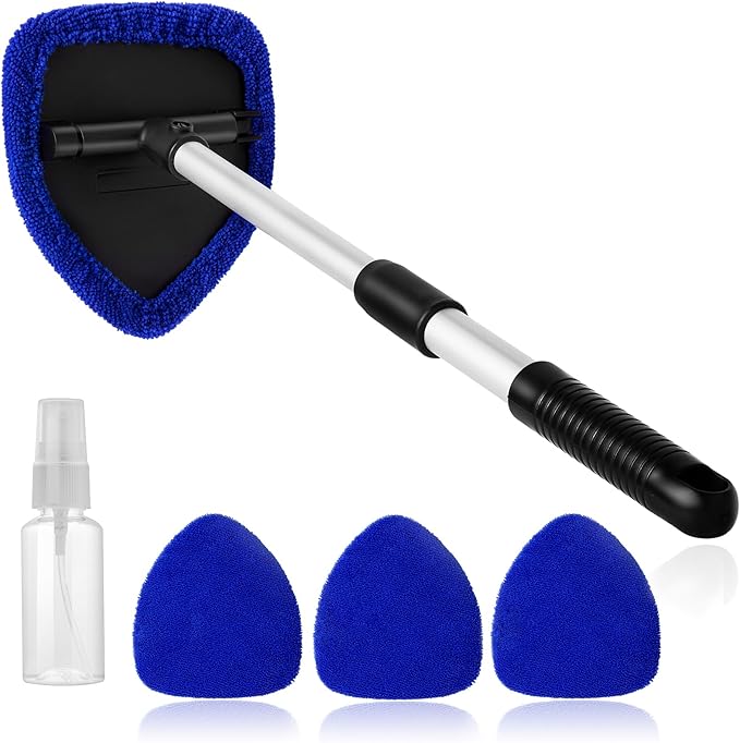 11pcs Windshield Cleaner Tool, Car Window Cleaning Wash Kit with 6 Reusable Microfiber Pads 2 Spray Bottles and Extendable Handles Auto Glass Wiper Kit, Blue