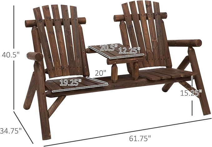Outsunny 2-Seat Wooden Adirondack Chair, Patio Bench with Table, Outdoor Loveseat Fire Pit Chair for Porch, Backyard, Deck, Carbonized