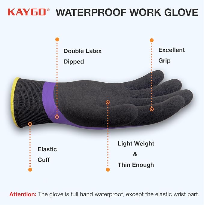 KAYGO Waterproof Work Gloves for Men and Women, Rubber Coated Non-slip Working Gloves for Garden, Outdoor Construction,KG150,Purple,L