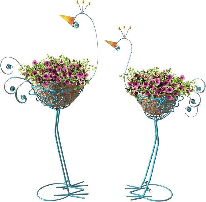 J-Fly Peacock Metal Plant Stand 2 Sets Flower Pots Holders, Planters for Outdoor Indoor Plants with Coconut Pots, Front Porch Garden Balcony Patio Decor for Plant, Valentine Decoration Gifts